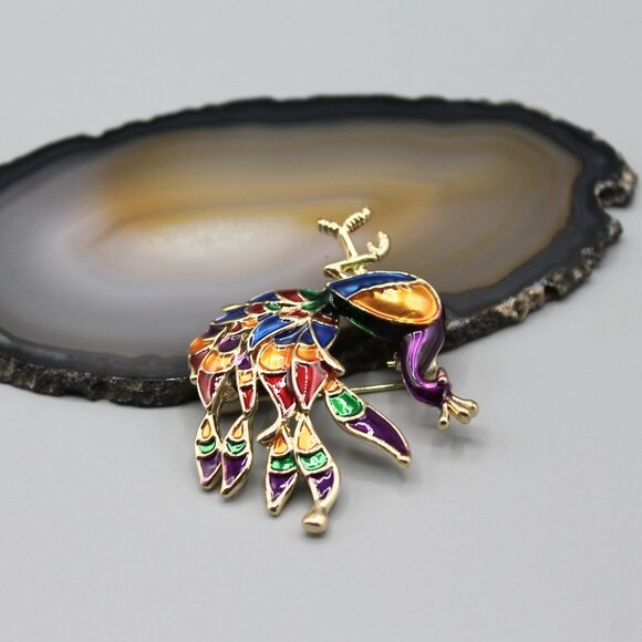 Peacock jewelry pin brooch elegant colorful yellow gold tone brand new beautiful - Picture 5 of 12